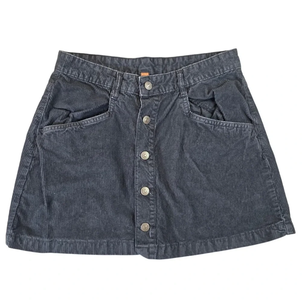 Free People Women's 8 Ray‎ Mini Skirt Navy Blue Corduroy Button Front High Waist